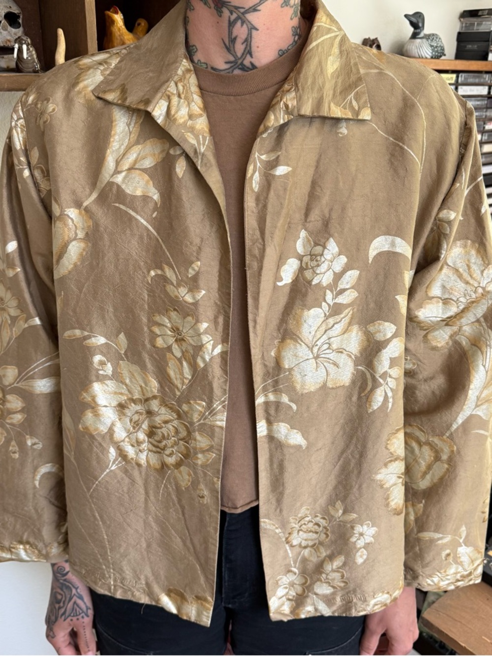 Vintage 80s 90s Silk Gold Floral Jacquard Jacket USA - Size Medium